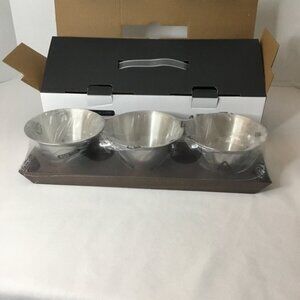 Servappetit Acacia Wood Drift Condiment Server w/ SS Bowls x3 Dark Brown NIB